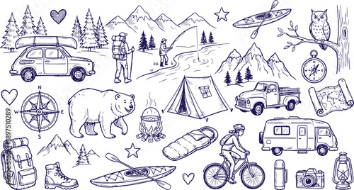 Diverse Hand Drawn Outdoor Recreation and Camping Elements Illustrating a Fun Summer Adventure Trip