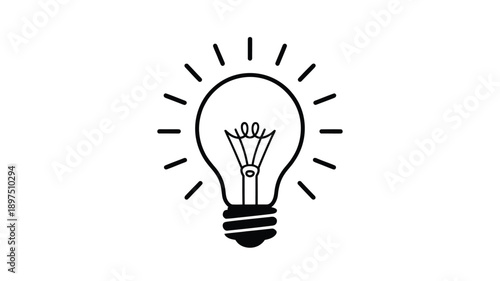 Simple black and white illustration of a light bulb with radiating lines