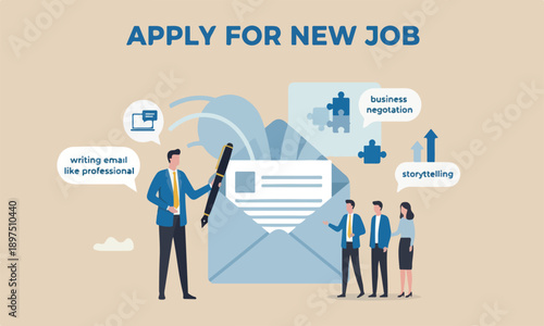 Writing email teams together storytelling or apply for new job concept, smart businessman in opening email envelope holding fountain pen