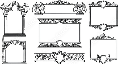 Ornate gothic architectural frames and decorative borders with gargoyles and shields isolated on transparent background