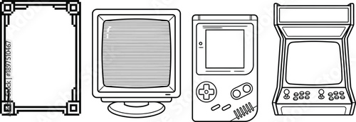 Retro gaming illustration featuring a pixelated border a classic CRT monitor a portable handheld console and an arcade machine isolated on transparent background