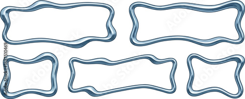 Set of five irregular wavy graphic design frames with a glossy liquid or metal effect isolated on transparent background for text