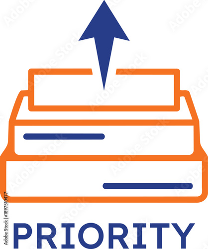 Strategic business priority icon featuring a blue upward arrow emerging from a stacked orange platform representing task hierarchy, project ranking, urgent escalation, and growth.