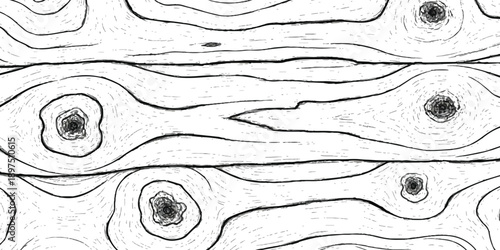 Hand drawn black and white wood grain texture featuring natural knots and organic lines