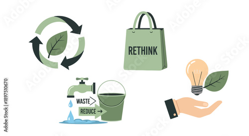 Set of eco-friendly sustainable lifestyle icons illustrating recycling, water conservation, rethinking consumption, and green energy saving concepts in flat vector style.
