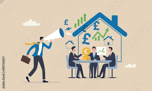 Property or fall meeting teams together buy a rental profit, ROI, return on investment or mortgage, house ownership or investing opportunity concept, businessman hand put coin with money return