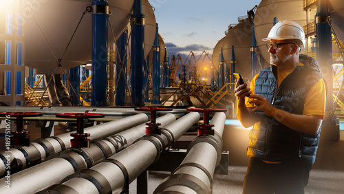 LNG plant, industrial engineer monitors pipelines and valves using a smartphone, controlling liquefied natural gas processing, safety systems, and terminal operations.