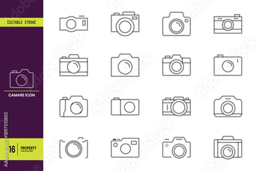 Camera Line Icon Set - Photography, DSLR, Digital Camera Outline Vector