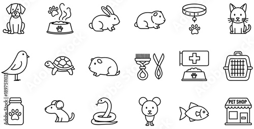 Pet Care Icon Set: Dogs, Cats, Rabbits, Guinea Pigs, Birds, Fish, Grooming Tools, Medicine, Food, Carrier, Shop, Black and White Illustration