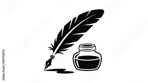 A classic black quill pen rests beside a full inkwell creating a vintage scene