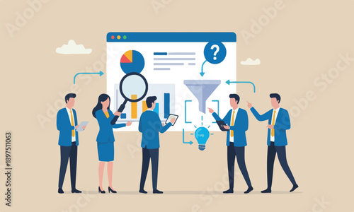 Business data,meeting together database or statistics, marketing technology or data funnel or indicator concept, businesswoman work with data analysis and magnifying glass.