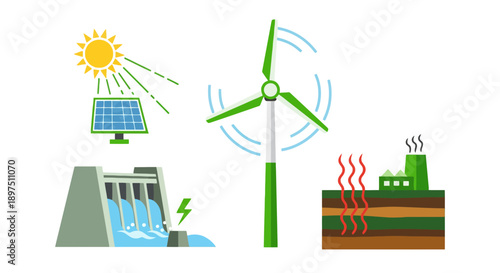 Renewable Energy Sources Illustration Set: Solar, Wind, Hydroelectric, and Geothermal Power Generation Icons