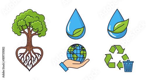 Eco-friendly icons set: environment, recycling, nature conservation, sustainability, water drop, tree, and global protection symbols vector illustration on white background.