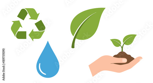 Eco-friendly vector icons set: recycle symbol, green leaf, water drop, and hand holding plant seedling, representing ecology, sustainability, and environmental conservation.