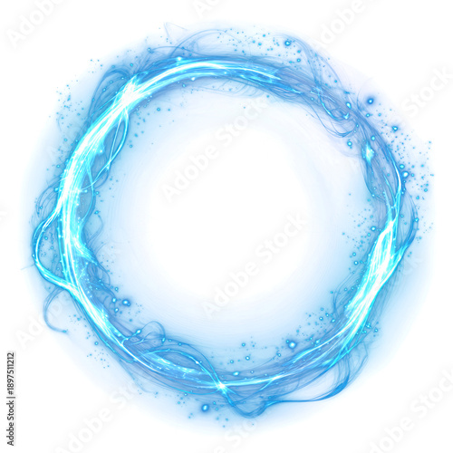 Blue neon energy ring on a transparent or white background. Glow-in-the-dark effect. Smoke and streaks. Design element.