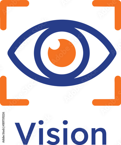 Professional business vision icon featuring a blue eye with an orange pupil focused within frame corners, representing strategic foresight, observation, and future planning.