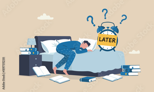 Procrastination,big tomorrow, unproductive and excuse concept, lazy man sleeping with no clue to wake up with big sticky note written the word later on alarm clock..