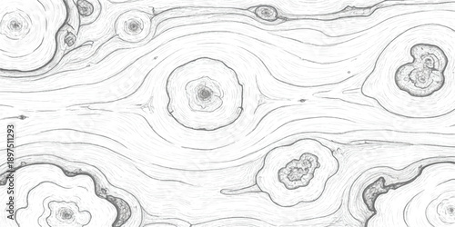 Detailed black and white sketch showcasing an intricate natural wood grain pattern with knots