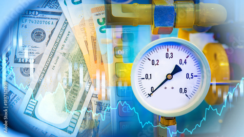 Energy economics, gas pressure gauge and pipeline equipment combined with US dollar bills illustrate fuel pricing, energy costs, market volatility, and economic impact.