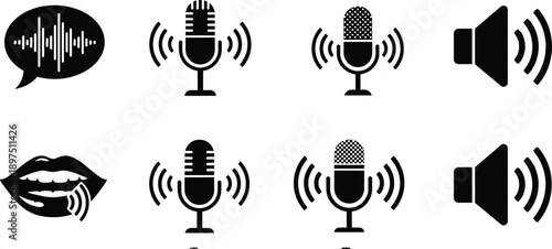 Audio communication icons set featuring microphones speakers sound waves voice chat podcast broadcasting black vector illustration symbols media interface design