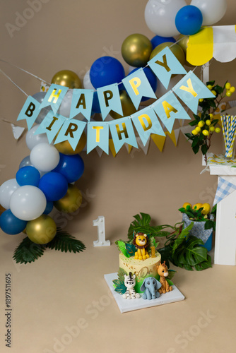 First Birthday Safari Theme Celebration Setup with Cake and Balloons