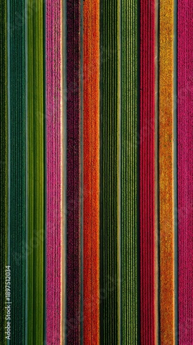 Vertical drone shot of a tulip field in Netherlands, geometric rows of colors, graphic composition