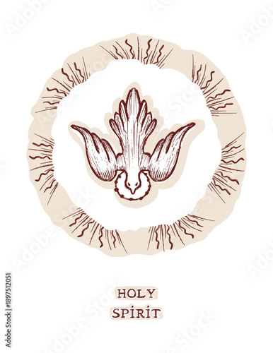 Christian holy spirit dove religious card illustration. Hand drawn black and white vector motif for Easter, church, bible study sticker. Editable pentecost acts drawing style for faith prayer time