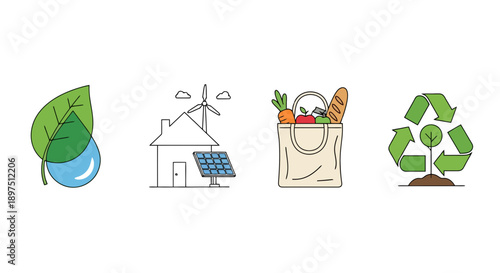 Eco-friendly and Sustainable Lifestyle Icons Set: Renewable Energy, Water Conservation, Reusable Shopping, and Recycling Symbols. Environmental protection and green living concept vectors.