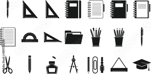 Stationery and school supplies icons set featuring notebooks pens rulers folders office education tools black vector illustration collection