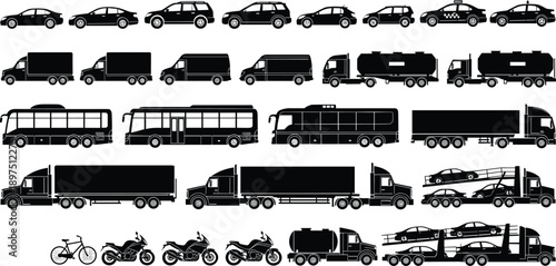 Vehicle silhouettes collection showing cars trucks buses motorcycles bicycles transportation types traffic logistics black vector illustration set