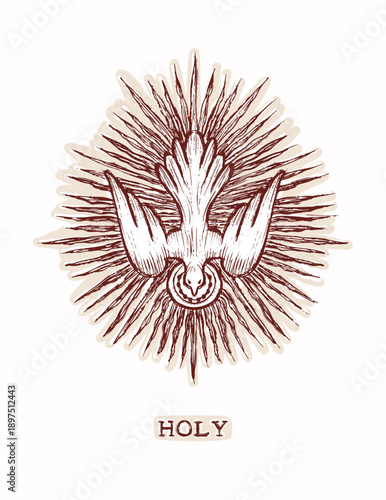 Christian holy spirit dove religious card illustration. Hand drawn black and white vector motif for Easter, church, bible study sticker. Editable pentecost acts drawing style for faith prayer time