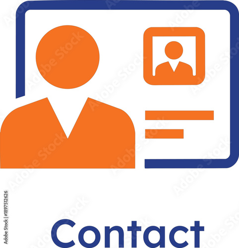 Professional business contact icon featuring an orange user profile avatar with an identification card symbol and blue border, representing networking, personal ID, and customer support.