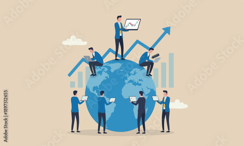 Global stock, analysis teams together or earning growth, stock trading concept, smart businessman investor trading on laptop on the globe with financial graph