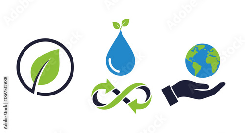 Sustainability and Eco Icons Set: Green Leaf Logo, Water Drop with Sprout, Circular Economy Symbol, and Hand Holding Earth Globe for Environmental Care.