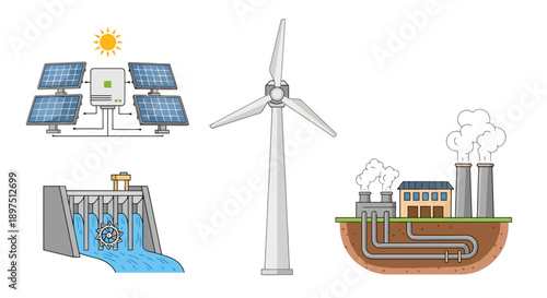 Renewable and Sustainable Energy Sources Illustration Set: Solar, Wind, Hydroelectric Dam, and Geothermal Power Generation Methods Diagram
