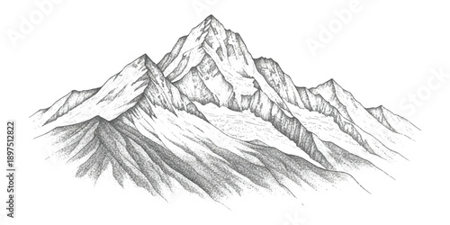 Hand drawn illustration of a majestic mountain range with snowy peaks and rugged terrain