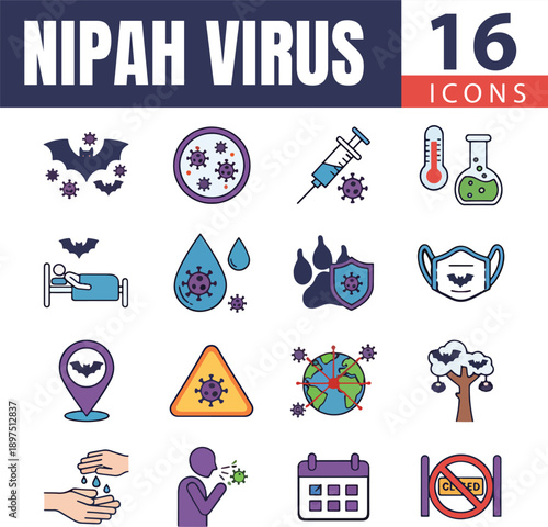 Set of 16 Nipah Virus Icons: Medical Symptoms, Fever, Headache, and Viral Infection Symbols