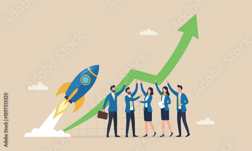 Exponential,meeting industrial up graph, business sales or profit increase concept, financial report graph with exponential arrow from flying rocket.