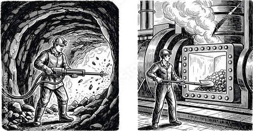 Black and White Illustration of Miner and Industrial Worker Depicting Underground Excavation and Furnace Operation in Heavy Labor Environments