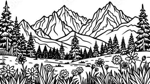 Very beautiful colorful alpine meadow bursting with wildflowers beneath majestic mountain peaks, blending vibrant plant life, green fields, and evergreen forests into a breathtaking natural panorama.