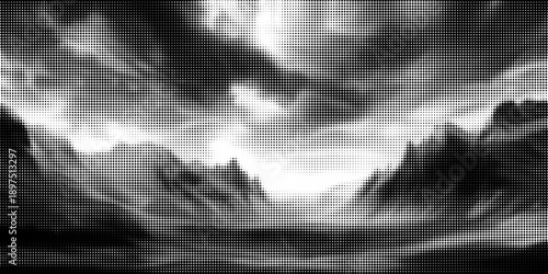 Grunge halftone overlay resembling cloud pattern. Black dot texture on white background. Vector asset for banner, template design.