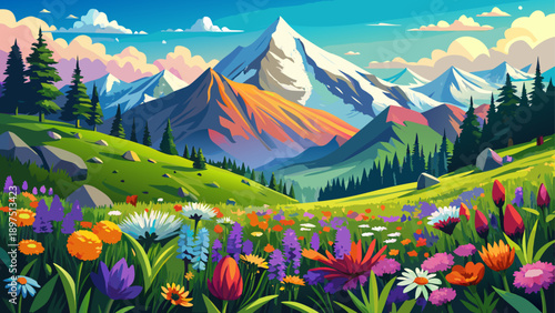 Very beautiful colorful alpine meadow bursting with wildflowers beneath majestic mountain peaks, blending vibrant plant life, green fields, and evergreen forests into a breathtaking natural panorama.