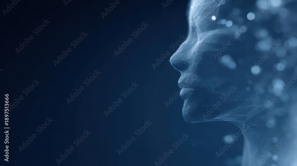 Obraz premium Futuristic AI visualization: low-poly wireframe human profile, abstract humanoid head, digital technology theme, blue background