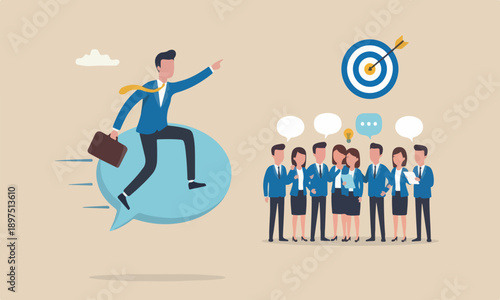 Effective for, or meeting teams together dialog for success, meeting talk or communicate idea concept, cheerful businessman ride speech bubble pointing to target.