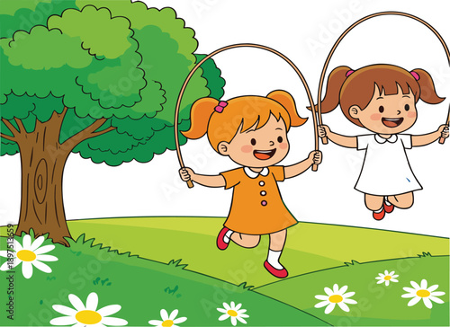 Adorable children playing with skipping rope in green park landscape cartoon illustration