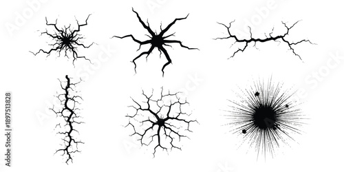 Diverse black crack patterns and an abstract radial explosion effect collection