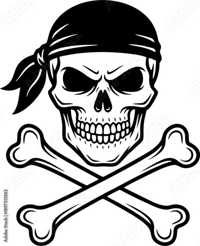 Pirate Skull Jolly Roger with Bandana and Crossbones Bold Black Silhouette Vector Line Art Logo Emblem
