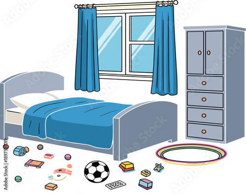 Cute messy child bedroom with bed cabinet curtains and toys for home interior illustration
