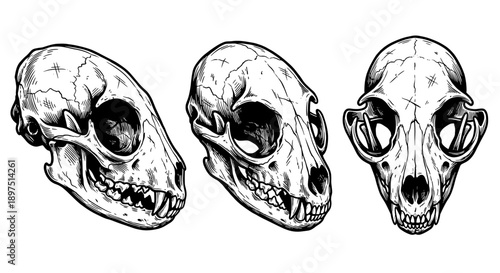 Three detailed illustrations of a canine skull, shown from a side, angled, and front view, respectively.