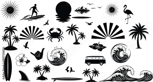 Vibrant tropical travel and adventure icon set featuring surfing, palm trees, flamingos, waves, and vintage camper van in bold black and white silhouette style for branding and editorial use
